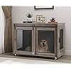 LINLUX 40 Inch Dog Crate Furniture Wooden Heavy Duty Dog Kennel Indoor Decorative Dog Cage Table for Large Medium Dogs with Sliding Doors Wheels and Flip top Plate