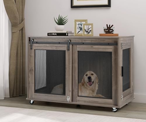 LINLUX-40-Inch-Dog-Crate-Furniture-Wooden-Heavy-Duty-Dog-Kennel-Indoor-Decorative-Dog-Cage-Table-for-Large-Medium-Dogs-with-Sliding-Doors-Wheels-and-Flip-top-Plate
