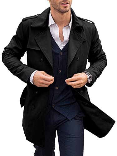 PASLTER Mens Trench Coat Notched Lapel Double Breasted Long Jacket Windbreaker Overcoat Pea Coat
