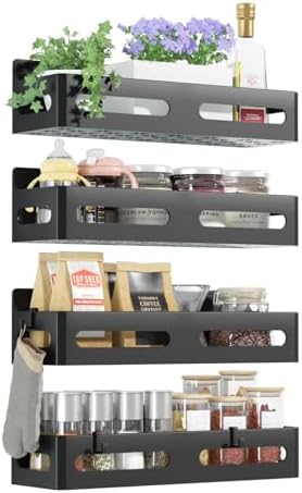 4-Pack Magnetic Spice Rack for Refrigerator with Hooks, Black | S...