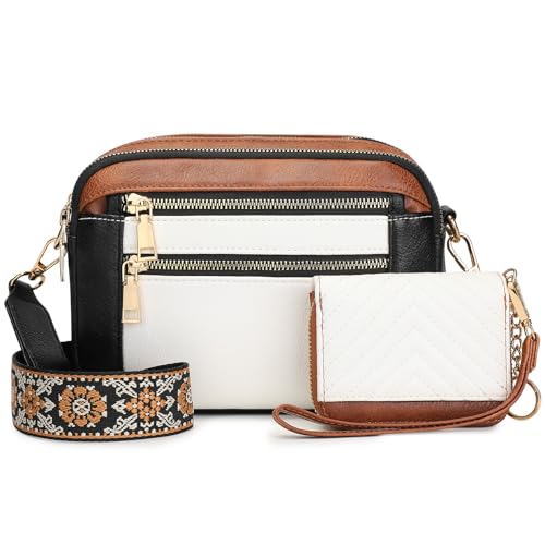 BAIGIO Womens Crossbody Bag Vegan Leather Crossbody Purse Small Shoulder Handbags with Compact Wallet(Black&White&Brown-2PCS)