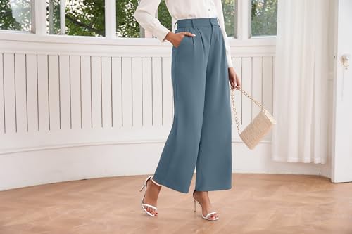 TASAMO Women High Waist Wide Leg Pants Elastic Waisted in The Back Office Business Casual Work Trousers Long Ankle Length Straight Suit Pants for Summer Wear Peacock Blue3