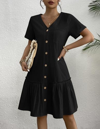 Image of HOTOUCH Women Button Down Dress Loose Summer Cotton Linen Dress Ruffle Hem Casual Dress Short Sleeve Tunic Dress