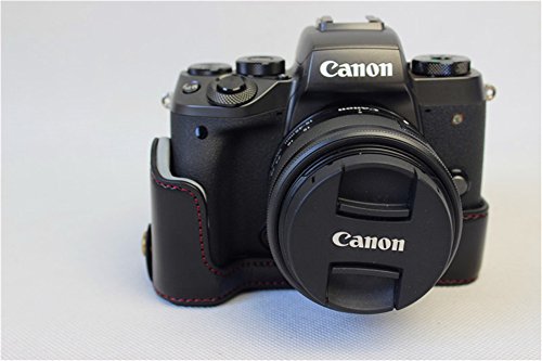 EOS M5 Case, BolinUS Handmade PU Leather Half Camera Case Bag Cover Bottom Opening Version for Canon EOS M5 With Hand Strap -Black