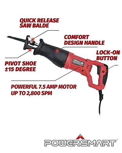 Powersmart Reciprocating Saw - 7.5 Amp No-Load Speed 2800Spm Reciprocating Saw Corded, Electric Hand Saw Sawzall, 5 Blades For Cutting Wood, Metal And Pvc Easily #TOP4