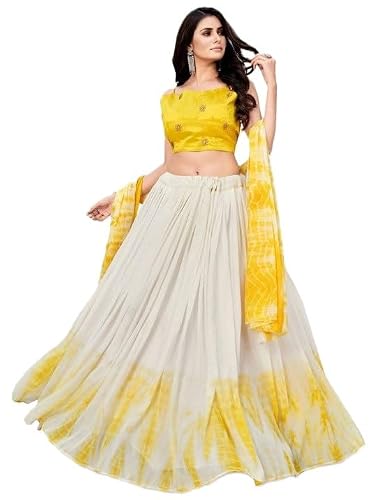 FESQVI Yellow & White Tie Dye Lehenga Choli Set with Dupatta Unstitched Blouse Georgette Full Flare Lehenga (Y