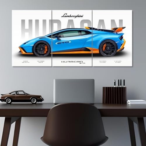 Image of Lamborghini Huracan Poster Split Design Car Posters | 3 A3 Sized Lambo Cars Poster for Wall | Large Size (89 x 42 cm) Lamborghini Wall Decor | Car Posters for Room | Huracan STO Supercar (B 035)
