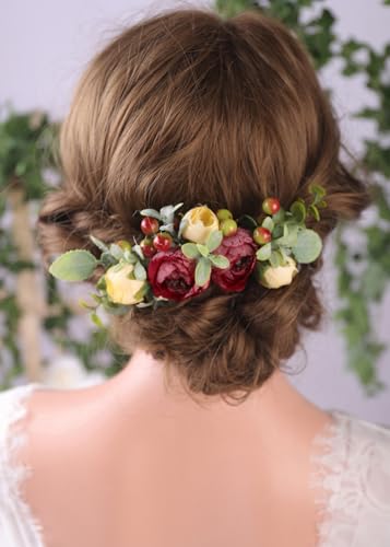 Peineta para novia con diseño de flores en color borgoña rojo oscuro y amarillo