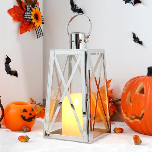 TRIROCKS Edelstahl Dekorative Laterne 30 cm hoher Metall Kerzenhalter mit klaren Glasscheiben Perfekt für Wohnkultur Wohnzimmer Partys Events Tischplatte drinnen draußen (Silber)