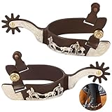 Lnrueg 2 Pcs Western Spurs, Cowboy Boot Spurs with Turnable Gear, Antique Copper and Brass Design with Engraved Trims, Retro Low Carbon Steel Horse Spurs (White)