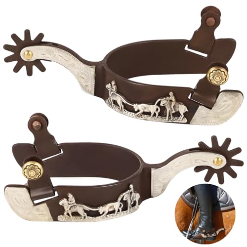 Lnrueg 2 Pcs Western Spurs Cowboy Boot Spurs with Turnable Gear Antique Copper and Brass Design with Engraved Trims Retro Low Carbon Steel Horse Spurs (White)