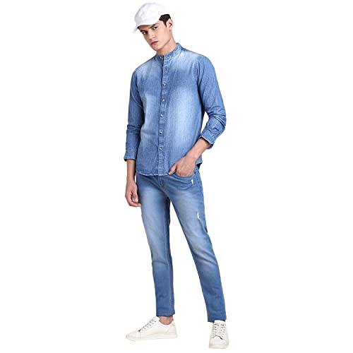 Image of Dennis Lingo Men's Solid Denim Cotton Slim Fit Full Sleeve Mandarin Collar Casual Shirt