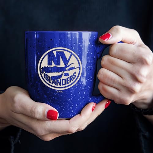 Image of Rico Industries NHL Hockey New York Islanders Royal Personalized 16 oz Team Color Laser Engraved Speckled Ceramic Coffee Mug