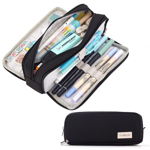 Image of CICIMELON Metal Large Capacity Pencil Case 3 Compartment Pouch Pen Bag For School Teen Girl Boy Men Women (Black), Black, Travel