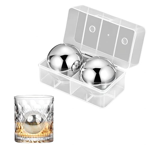 55 mm Stainless Steel Ice Ball Set with Storage Box, 2 Pcs Metal Ice Spheres, Large Round Whiskey Chilling Stones, Reusable Spherical Metal Ice Cubes, Chilling Balls for Beer/Cocktail/Vodka/Wine