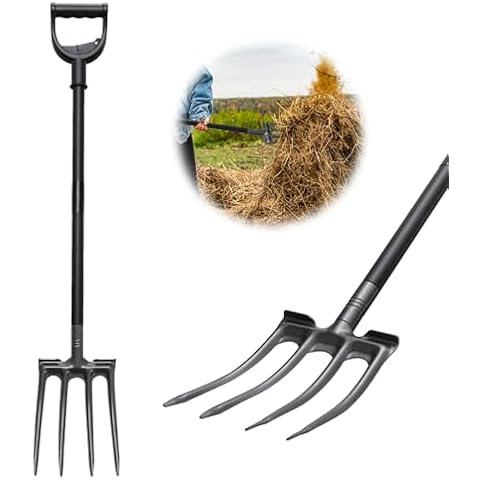 Lilyvane Pitchfork, 46 Inch Long Pitchforks for Gardening Digging Composting Spading with Metal Handle, Rustproof Heavy Duty Manure Fork for Weeding, Mulch Spreading, Loosening, 4 Tines Garden Fork Cover