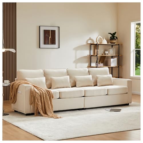 Wyibwy Sofá moderno de 4 plazas en tela de lino, sofá de cuatro plazas con bolsillos para reposabrazos y 4 cojines, sofá de estilo simple, adecuado para sala de estar, casa, oficina (Beige)