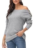 TrendiMax Damen Pullover Strickpullover One-Shoulder-Schulterfrei Sweateshirt Langarm Pullover Knopf Casual Sweater Tops, Grau, L