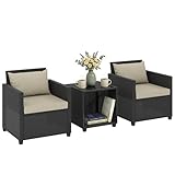 Outsunny 3 Piece Patio Furniture Set, Wicker Outdoor Bistro Set with Glass Coffee Table and Chairs, Outdoor Furniture Conversation Set with Cushions for Balcony, Porch, Garden, Backyard, Beige