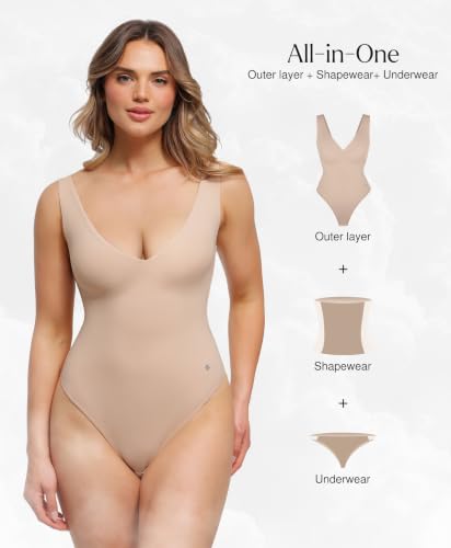 Image of Popilush Shapewear Bodysuit Plunge Deep V Neck Backless Going Out Tank Tops | lightly tummy control bodysuit,Buttery soft stretch fabric, sculpted shape and all-day comfort