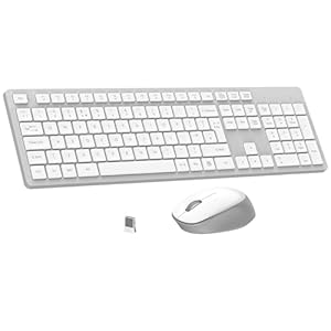 LeadsaiL Wireless Keyboard and Mouse Set, Full Size Ergonomic Design, UK Layout, Two-Tone Design, Noiseless Click, 12 Multimedia Shortcuts, Compatible with Windows/Mac PC Laptop - White and Grey