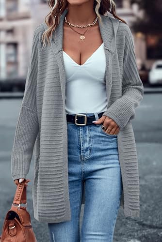 Women's Stylish Gray Horizontal Rib Knitted Open Front Hooded Cardigan2