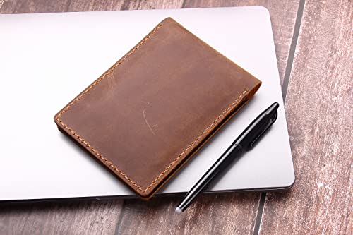 Fasjosma Leather Cover For 3.5”X5.5” Top Spiral Notebook, Handmade Leather Notebook Cover Compatible With Rocketbook Mini Size, Small Pocket Size Memo Notepads Holder With Business Card Holder-Brown #TOP5