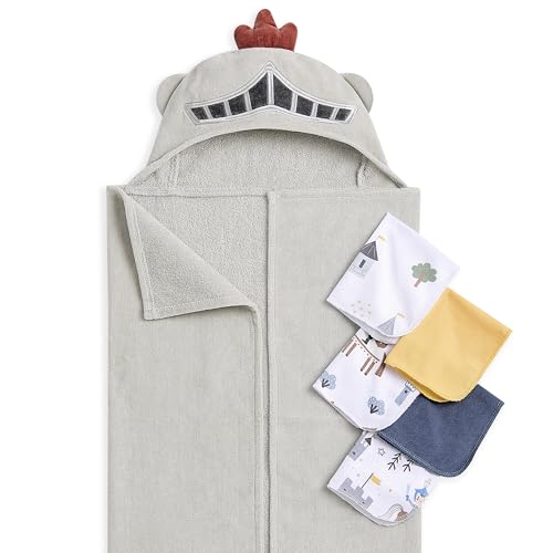 Image of Evolur Good Knight 6 pc Baby Gift Set, Includes Hooded Towel & 5pc Wash Cloths, Soft and 100% Cotton Woven, for Newborn, Infants and Toddlers 0-9 Months