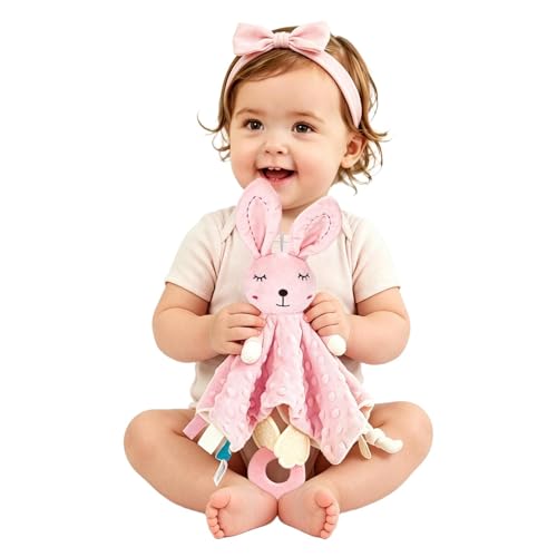 Image of ZIGJOY Baby Girl Lovey, Pink Bunny Security Blanket with Crinkle & Teether | Raised dot flannel and short plush add cozy texture for grasping, cuddling and play.
