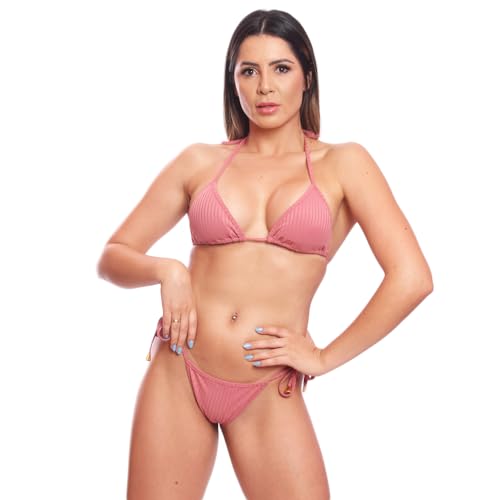 Biquini Cortininha de Amarra Mulher Praia Marquinha Canelado, Tamanho G