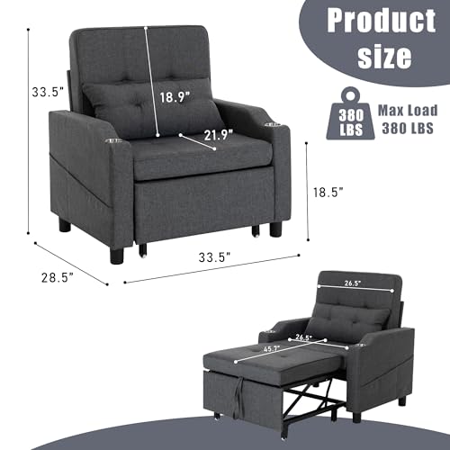 Image of Convertible Sleeper Chair, 5-in-1 Pull Out Chair Bed with Adjustable Backrest for Adults, Single Sofa Bed with USB Ports,Side Pocket,Cup Holder for Living Room,Dark Gray
