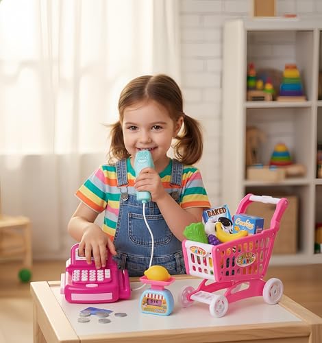 Kids Shopping Cart Toy Set for Ages 3+, Cash Register with Sound Effects, Calculator, Scanner, Play Food & Money, 40+ Pretend Play Pieces