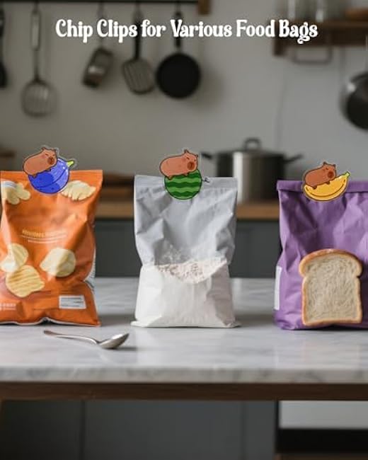 7 Packs Cute Chip Clips, Funny Bag Clips for Food, Small Acrylic Air Tight Sealing Sealer for Kitchen Snack Bread Bag Storage, Kawaii Capybara Stuff (Fruit Capybara)