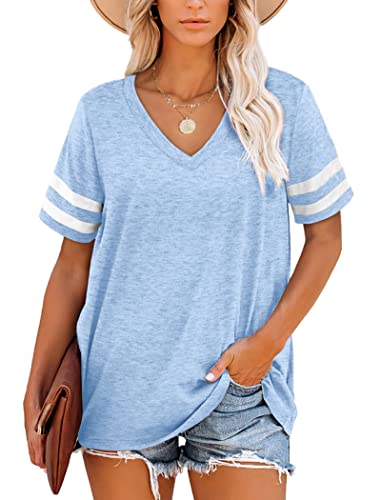MOLERANI Camisetas Mujer, Camisetas de Verano a Rayas de Manga Corta con Cuello en V, Camiseta Holgada Informal, Azul Cielo, Talla XXL
