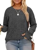 ROSRISS Plus Size Long Sleeve Tops Fashion Thumb Holes Sweaters Cute Crew Neck Tees Classic Trendy Crewneck T-Shirt XL Gray