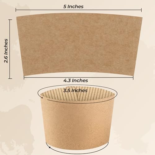 Coffee Sleeves For 10-24 Oz. Cups | 100 Brown Kraft Paper Coffee Cup Sleeves Reusable | Corrugated Disposable Cup Sleeves for Hot and Cold Drinks, Coffee Shops, Cafeterias, Office Break Rooms - Thumbnail 2