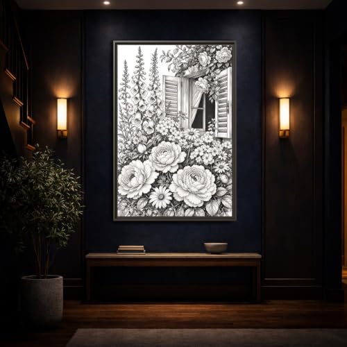 Décoration murale salon fleurs monochrome cadre vertical 30x45 cm