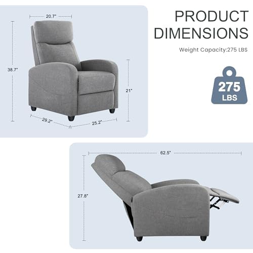 Image of Manual Recliner Chair, Oversized Lazy Boy Reclining Sofa with Adjustable Backrest & Extended Footrest, Ergonomic Single Recliner Couch for Home Theater Seating, Living Room, Bedroom, Gray