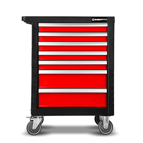 EBERTH Werkstattwagen 167-teilig bestückt, 7 Schubladen, 5 Davon mit Werkzeug gefüllt, Doppelwandiger Werkzeugwagen aus Stahl, Rot Pulverbeschichtet, Lenkrollen, Feststellbremse, Ergonomische Griffe – Bild 4