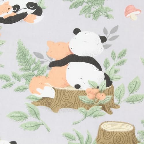 Kinderstoff Baumwolle Meterware 160 cm – Panda & Fuchs Wald Motiv auf Grau – Baumwollstoff schadstoffgeprüft – Stoff Tiere für Kinderbettwäsche, Kleidung & Deko