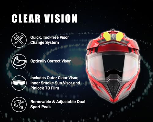Image of Axor X-Cross Orbit ISI ECE and DOT Certified Premium Off-Road Full Face Helmet with Pinlock Fitted Dual Visors and Stylish Peak-Red Black-L