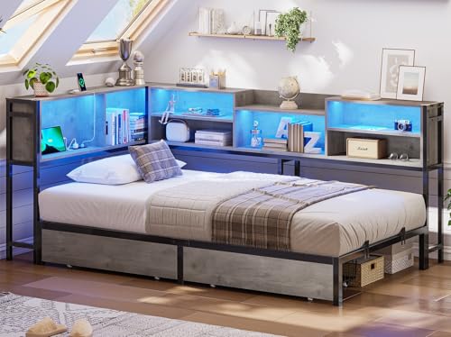 Hasuit Twin XL Corner Bed Frame with Storage & LED Light