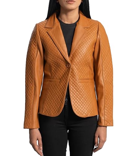 Rauly Womens Quilted Front Lambskin Leather Blazer Women - Casual Coat Long Sleeves Suit Style Leather Jacket for Women