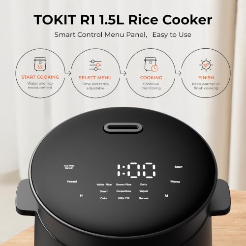 TOKIT 1,5L Reiskocher Klein für 1-2 Personen, Multikocher Mini Reiskocher mit Antihaftbeschichtetem Aus Edelstahl, 24-Stunden-Timerund Warmhalten, tragbar, 9 Funktionen für Braunen Reis, Dampf, Suppe – Bild 2