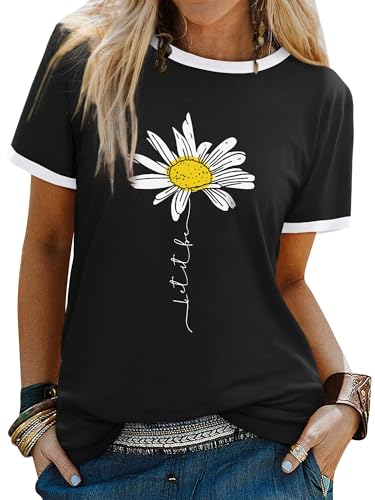 Dresswel Women Let It Be T Shirt Daisy Flower Graphic Print T-Shirt Crew Neck Short Sleeve Tee Tops(2-Black,L)