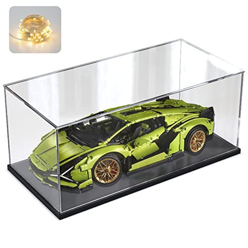 Thickened Clear Acrylic Display Case with Wood-Plastic Base for LEGO 42096 Porsche 911 for 42172 McLaren P1 42143 42156 42115 Model Car Transparent Box Large Organizer, Black Inside 23.6X11.8X7.9inch