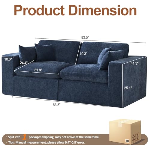 Image of 83''Cloud Boneless Sectional Couch, Modular Sectional Sofa Deep Seat, Upholstered Convertible Comfy Loveseat Chenille Memory Foam Sofa Couches for Living Room, Navy