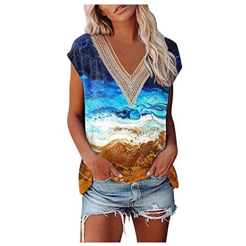 Womens Summer Short Sleeve Tees 2X 3X Crop Cap Sleeve Summer Top Moire Pattern Flattering Cotton Tee Shirts For Women Slim Fit V Neck Lace Trim Blouses 2023 Summer Casual #TOP1