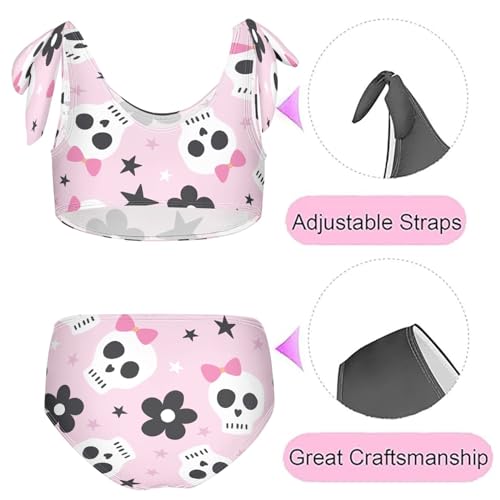 Image of QUGRL Skeleton Spooky Floral Girls Swimsuit Bikini Set Halloween Pink Kids Bathing Suits for Girls 2 Piece Bowknot Swimwear Tankini Hawaiian 7-8 Years