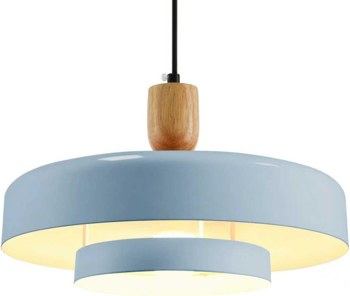 Vintage Pendant Light Blue Metal Pendant Lamp Adjustable Hanging Light Fixture with Wood Grain Decoration Modern Coastal Farmhouse Ceiling Light for Kitchen Dining Room